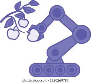 Purple Fruit Picking Robotic Arm Icon. Vector Illustration. Mechanical Robotic Arm Picking Apples. Agrotechnology and Smart Farming Concept