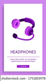 Purple full-size on-ear headphones with round ear pads and a built-in microphone. Vector poster with isometric illustration of headphones with a headset.