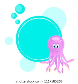 Purple funny octopus with round background. Vector illustration of underwater animal