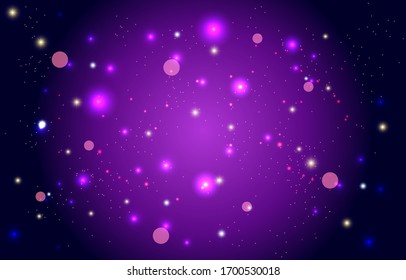 Fondo de bokeh Purple Galaxy. Papel tapiz de efecto luminoso suave. Borrador del fondo abstracto. Brillante efecto de luz bokeh. Ilustración vectorial.