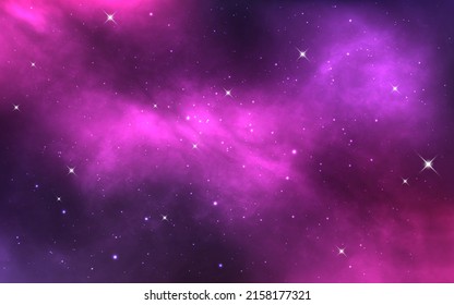 Purple galaxy. Space starry texture. Realistic cosmos with stardust. Deep bright universe. Color nebula with milky way and stars. Vector illustration.