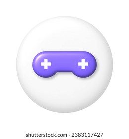Purple game console, joystick icon on white round button. 3d cartoon design element. Vector illustration.