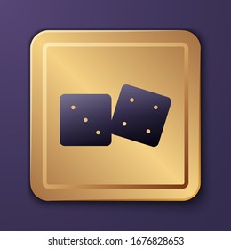Purple Game dice icon isolated on purple background. Casino gambling. Gold square button. Vector Illustration