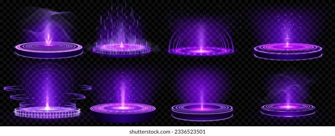 Purple game hologram light circle podium teleport. 3d magic technology neon glow hud platform element vector design set. Fantasy energy stage with sound wave, plexus line, stardust and arch sparkle