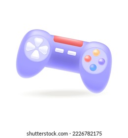 Purple gamepad with buttons for gamers 3D icon. Equipment for remote control and video games on console, gaming controller 3D vector illustration on white background. Hardware, entertainment concept