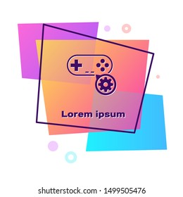 Purple Gamepad and gear icon isolated on white background. Adjusting app, service concept, setting options, maintenance, repair, fixing. Color rectangle button. Vector Illustration