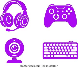 Purple gaming accessories including headset, controller, webcam, and keyboard on a white background (1)