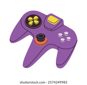 Purple gaming controller with colorful buttons, minimalist design on a white background. Concept of gaming, fun, entertainment. Vector illustration