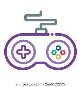 Purple gaming controller with directional pad colorful buttons and gray connecting cable Vector illustration
