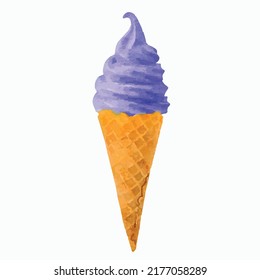 Purple gelato ice cream in waffle cone isolated on white background. Realistic hand drawn watercolor illustration. Hand painted vector Clip art. Template.