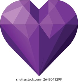 Ein violettes Edelsteinherz mit geometrischen Facetten ist einzeln auf weißem Hintergrund