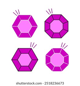 Purple gem icons. Hexagonal and octagonal shapes. Bright pink sparkle effect. Vector gem illustration.