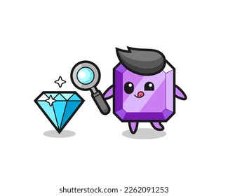 la mascota de piedra de gema púrpura está comprobando la autenticidad de un diamante, diseño de estilo lindo para camiseta, pegatina, elemento logo