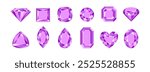 Purple gemstones of different shapes isolated on white background. Amethyst crystals set. Vector cartoon flat illustration.