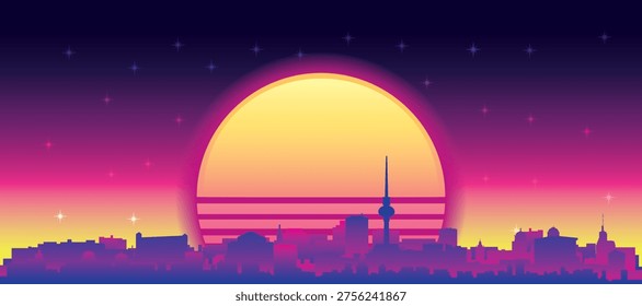 Purple generic retro futuristic synthwave panoramic poster of the city skyline with misty background sunset buildings of BERLIN, GERMANY