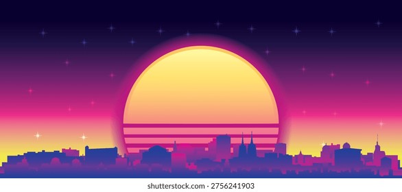 Purple generic retro futuristic synthwave panoramic poster of the city skyline with misty background sunset buildings of WROCLAW, POLAND