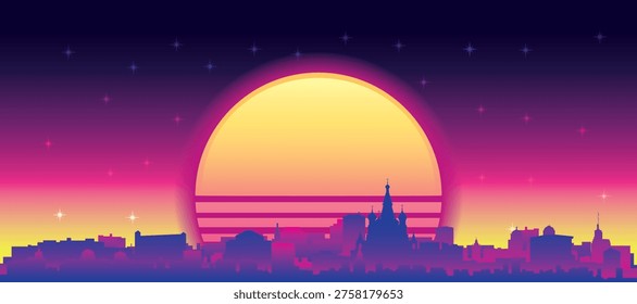 Purple generic retro futuristic synthwave panoramic poster of the city skyline with misty background sunset buildings of MOSCOW, RUSSIA