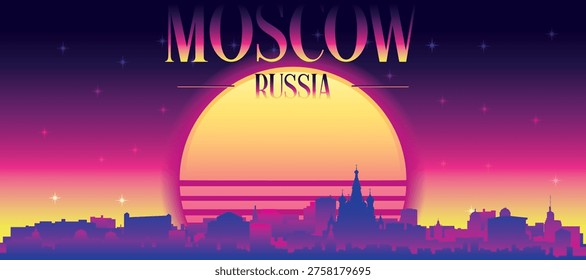 Purple generic retro futuristic synthwave panoramic poster of the city skyline with misty background sunset buildings of MOSCOW, RUSSIA