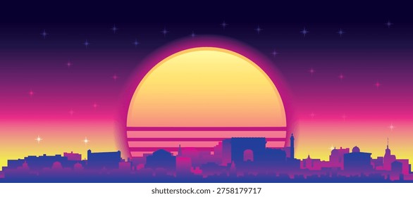 Purple generic retro futuristic synthwave panoramic poster of the city skyline with misty background sunset buildings of PARIS, FRANCE