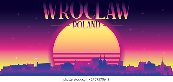 Purple generic retro futuristic synthwave panoramic poster of the city skyline with misty background sunset buildings of WROCLAW, POLAND