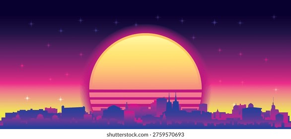 Purple generic retro futuristic synthwave panoramic poster of the city skyline with misty background sunset buildings of WROCLAW, POLAND