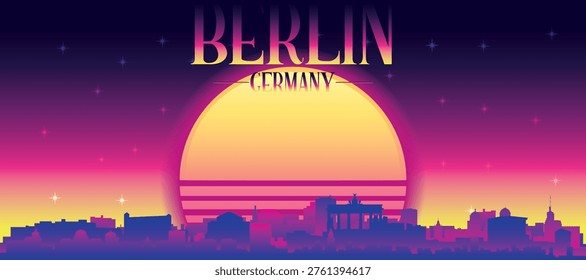 Purple generic retro futuristic synthwave panoramic poster of the city skyline with misty background sunset buildings of BERLIN, GERMANY