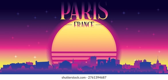Purple generic retro futuristic synthwave panoramic poster of the city skyline with misty background sunset buildings of PARIS, FRANCE