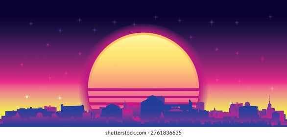 Purple generic retro futuristic synthwave panoramic poster of the city skyline with misty background sunset buildings of FLORENCE, ITALY