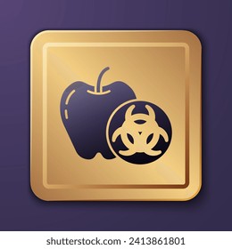 Icono de manzana Purple Genéticamente modificada aislado en fondo morado. Fruto de los OGM. Botón cuadrado de oro. Vector