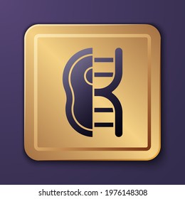 Purple Genetically modified meat icon isolated on purple background. Syringe being injected to meat. Gold square button. Vector