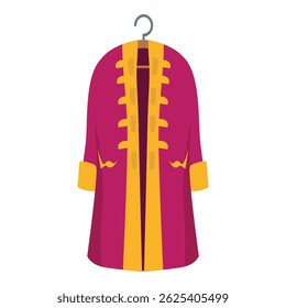 Purple gentleman coat with golden finishes is hanging on a wooden hanger