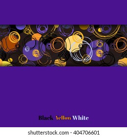 Purple geometric background with orange yellow hand drawn outline circles ornament. Horizontal border stripe pattern. Invitation design template. Wrapping or bedding fabric vector graphic design. 