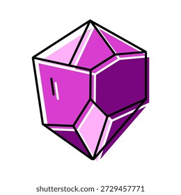 Icono de cristal geométrico púrpura que representa una piedra preciosa de amatista o roca mineral mística, que simboliza el lujo, la magia, la energía espiritual, la astrología y la elegancia facetada pulida sobre fondo blanco