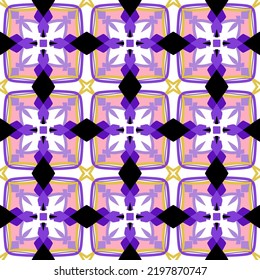 Purple Geometric Seamless Pattern with Tribal Shape. Pink Red Pattern designed in Ikat, Aztec, Moroccan, Turkey, Luxury Arabic Style. Ideal for Fabric Garment, Tiles, Wallpaper. Vector Illustration.