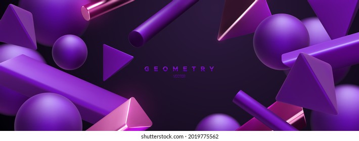 Purple geometric shapes backdrop. Abstract elegant background. Vector 3d illustration. Flowing geometry primitives composition. Banner or sign design. Modern futuristic cover template