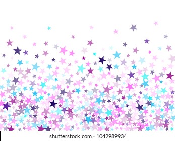 Purple Geometric Star Pattern Sparkle Vector. Colorful Confetti Of Flying Stars, Magic Geometric Sparkles On White. Party Design With Starburst.