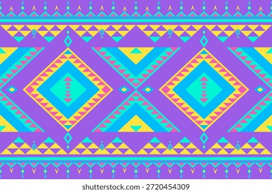 Patrón de triángulo geométrico púrpura con bordes azules y amarillos. Motivo de tela textil de estilos bohemios, tribales e indios.