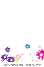 Purple Gerbera Background White Vector. Floral Floral Textile. Multi-colored Garden Simple. Duplicate Texture. Hand Drawn Yellow Flower.