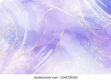 Acuarela de color morado gey líquido con puntos dorados. Efecto de la tintas de alcohol de mármol violeta y turbio. Plantilla de diseño de ilustraciones vectoriales para invitación de boda o fiesta, menú, rsvp.