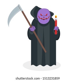 Purple ghost with evil eyes in a black cloak holds a scythe and a candle. Halloween character. Flat vector cartoon person on white background.