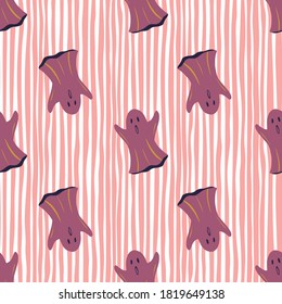 Purple ghosts silhouettes seamless doodle pattern. Halloween style. Scary print with stripped pink background. Designed for wallpaper, textile, wrapping paper, fabric print. Vector illustration.