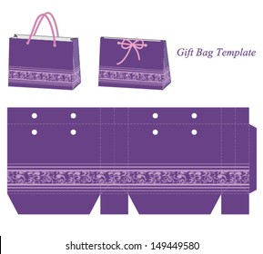 Purple Gift bag template with floral pattern. Vector illustration.