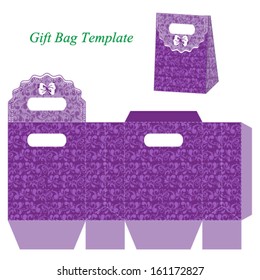 Purple gift bag template with floral pattern and bow. Vector illustration.