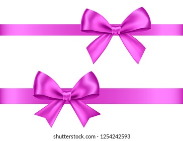 Purple  gift  bows set  isolated on white background. Christmas, New Year, birthday violet decoration. Vector realistic decor element  for banner, greeting card, poster.