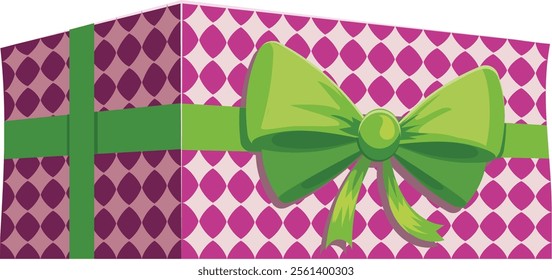 Purple gift box adorned with a geometric pattern, elegantly wrapped in a vibrant green ribbon and bow, embodying celebration, surprise, and joy for special occasions