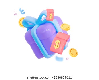 Purple gift box with a blue bow, coins, and a coupon