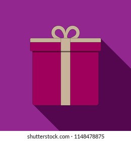 Purple gift box with bow, present isolated on purple background. Colorful wrapped. Sale, shopping concept. Collection for Birthday, Christmas. Flat design. Vector illustration EPS 10.