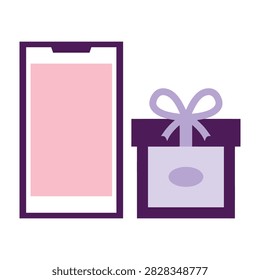 Purple gift box with bow and smartphone with pink screen on white background for online shopping