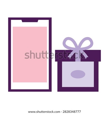 Purple gift box with bow and smartphone with pink screen on white background for online shopping