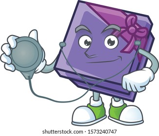 Purple gift box cartoon mascot style in a Doctor costume with tools